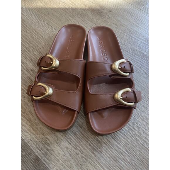 Aerosoles Size 7.5 Buckle Slide Sandals Brown Dual Band - Picture 2 of 5